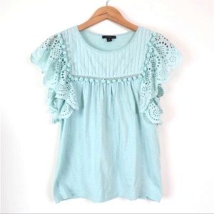 J Crew Eyelet Flutter-Sleeve Top Size X-Small Pom-Pom Trim Mint Blue